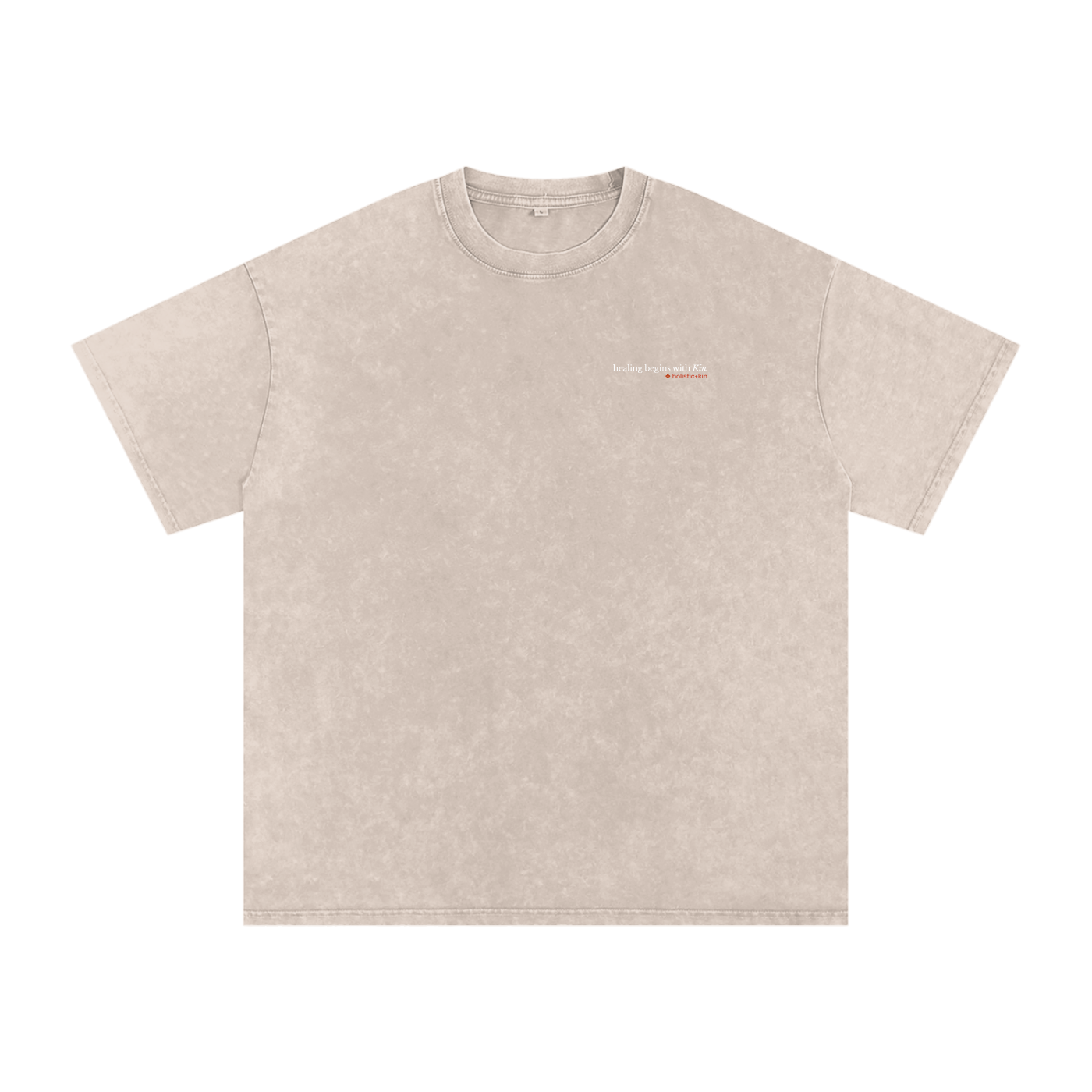 Apricot t-shirt with 'healing begins with Kin' and the Holistic+Kin logo on a white background