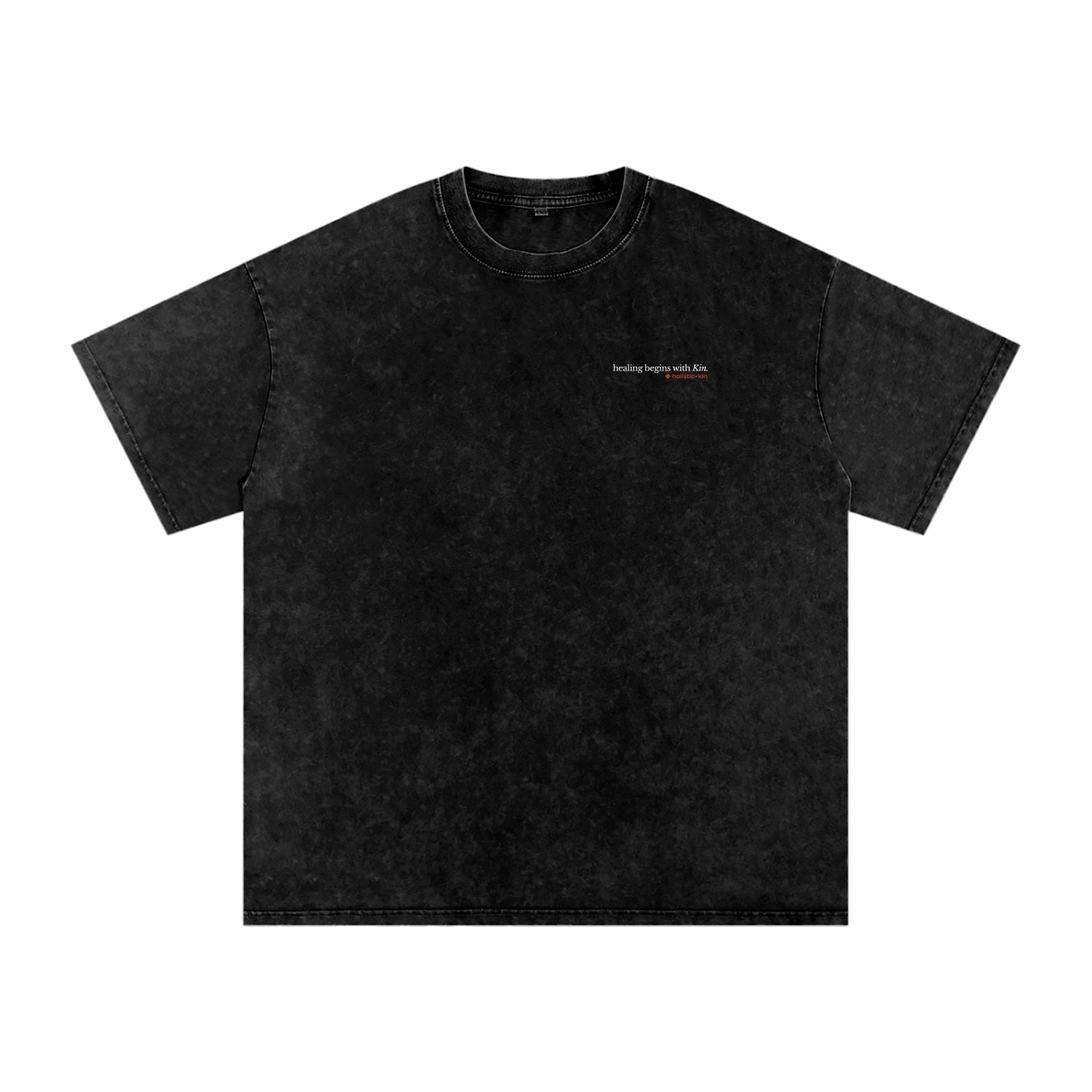 Black t-shirt with 'healing begins with Kin' and the Holistic+Kin logo on a white background